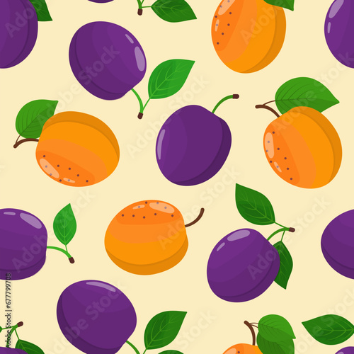 Plum and apricot fruits vector seamless pattern