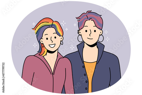 Smiling couple with colorful hair support LGBTQ movement. Happy people in cool funky image stand with LGBT community. Freedom and pride parade. Vector illustration.