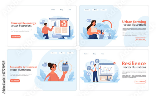 Sustainability concepts set. Experts analyzing renewable energy, promoting urban farming, advancing sustainable development, and highlighting resilience. Data analytics and green initiatives