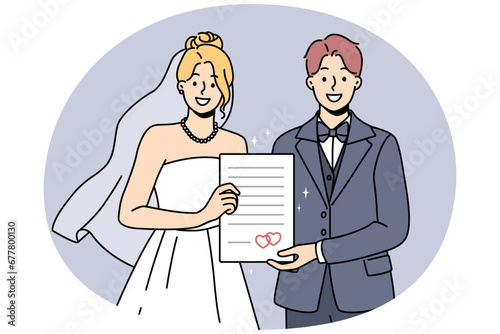 Smiling bride and groom holding marriage certificate excited about starting family. Happy couple in bridal dress and suit on wedding day. Vector illustration.