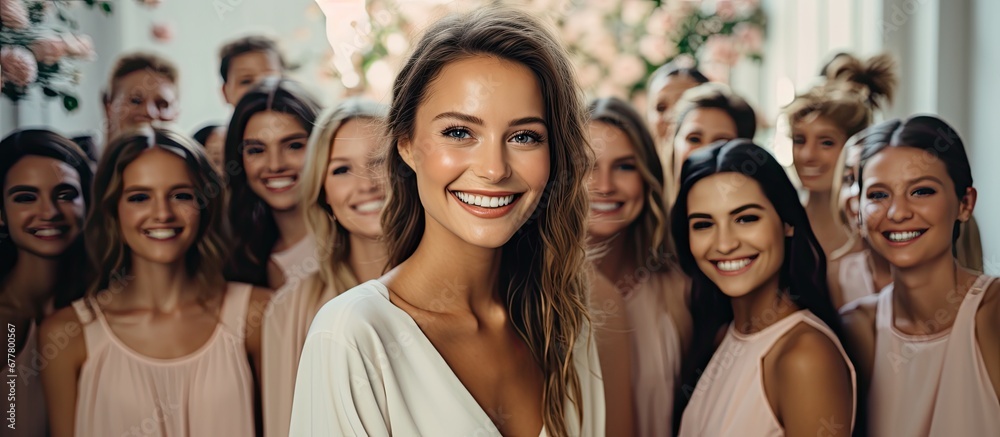 beautiful background of a luxury hotel a woman with a radiant smile stood surrounded by happy friends as a group of people celebrated a wedding party in a white room Before the festivities b