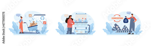 Sustainable living set. City resident tending to urban garden, aquaponic system maintenance, and promoting composting. Eco-friendly urban farming, green city lifestyles. Flat vector illustration