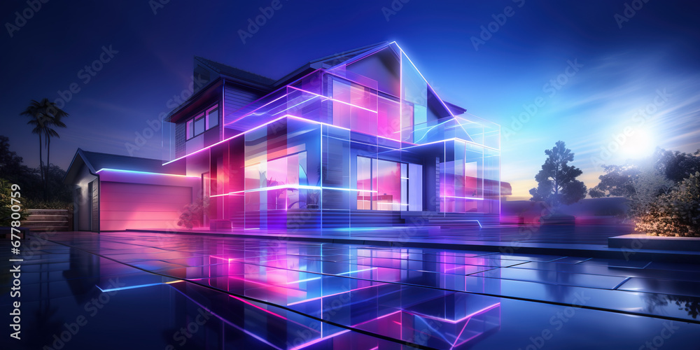 House hologram,  Holographic projection of cottage in neon colors - obrazy, fototapety, plakaty 