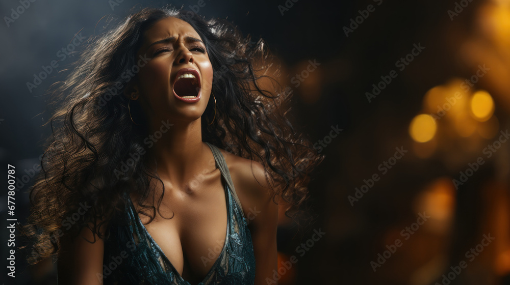 Portrait of a beautiful sexy young woman with big breast screaming in a dark room. - obrazy, fototapety, plakaty 