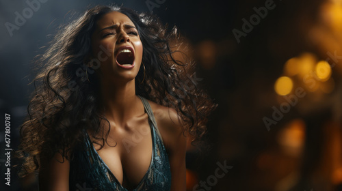 Portrait of a beautiful sexy young woman with big breast screaming in a dark room. photo