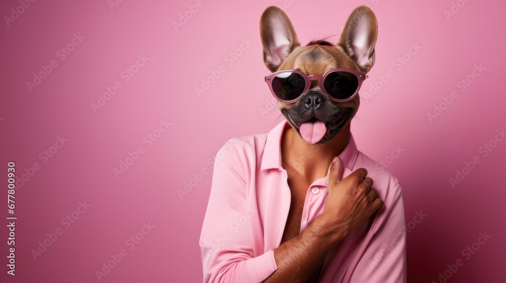 Funny French Bulldog dog head man with pink sunglasses on isolated background.