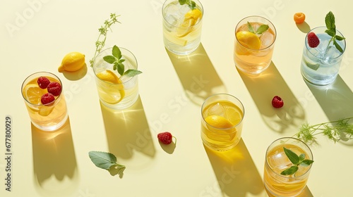  a table topped with glasses filled with different types of drinks and garnished with lemons, raspberries, and mint.