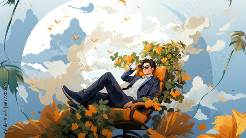 Businessman sitting on a chair in the park with flowers and sky. Illustration.