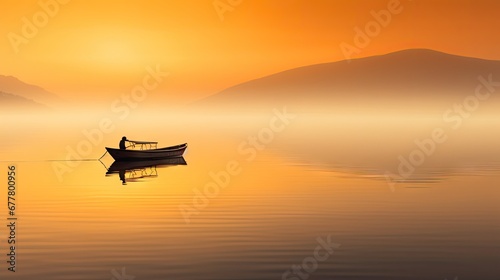  a boat floating on top of a lake next to a shore covered in fog and a mountain range in the distance. © Anna