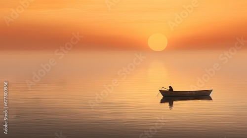  a small boat floating on top of a large body of water under a bright orange and yellow sky with the sun in the distance.