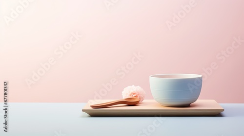  a bowl and spoon sitting on a cutting board with a pink wall in the background and a wooden spoon in the foreground.