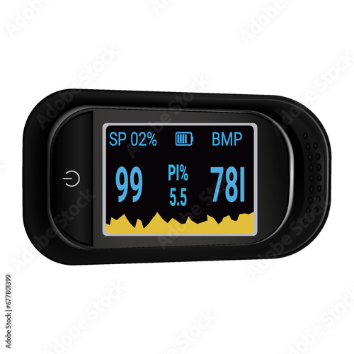 Pulse Oximeter, finger medical device icon. Corona virus Covid protect equipment. Health care icon for blood saturation test. Coronavirus prevent element. Vector illustration on white background