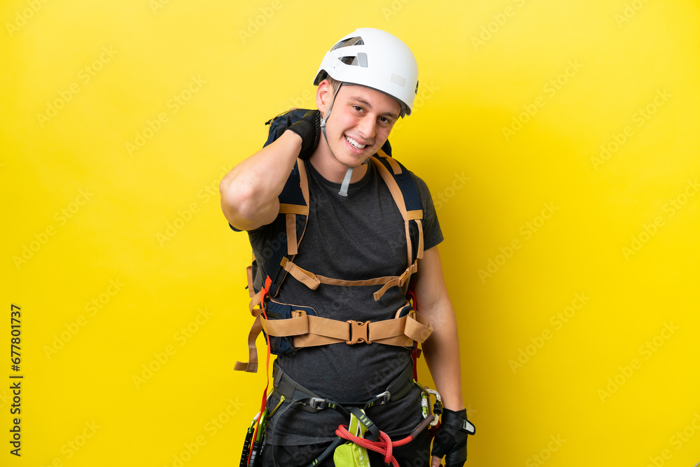 Young rock climber Brazilian man laughing Young rock climber Brazilian man laughing