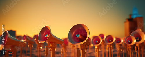 Panoramic image of orange megaphones making noise 
 photo