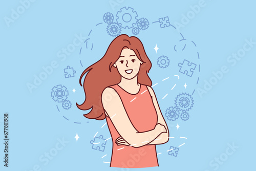 Successful woman stands with arms crossed among gears and puzzle pieces symbolizing psychological health and development. Successful girl in red dress smilingly looks at camera calling for leadership