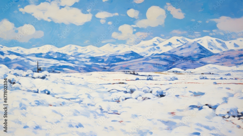  a painting of a snow covered landscape with mountains in the distance and a blue sky with clouds in the background.