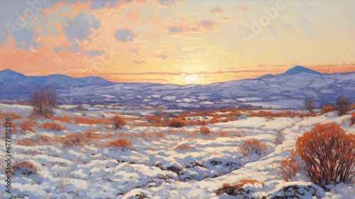  a painting of a snowy landscape with mountains in the distance and a setting sun in the sky over the horizon.