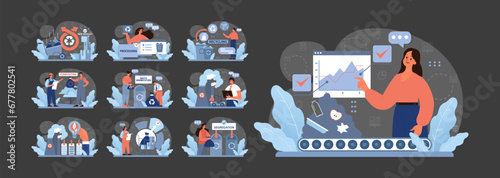 Waste Management set. Professionals demonstrate recycling processes, composting methods, and waste reduction. New product creation, eco-friendly segregation. Flat vector illustration