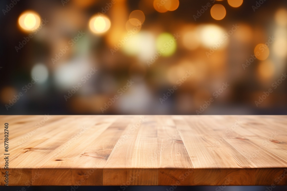 A wood table surface set against a softly blurred kitchen background, perfect for showcasing products or designing layouts. Created with generative AI tools
