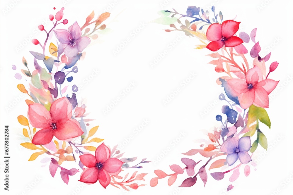 Against a pure white canvas, a watercolor floral frame showcases two symmetrical wreaths crafted from a burst of multicolored blossoms and leaves. Created with generative AI tools