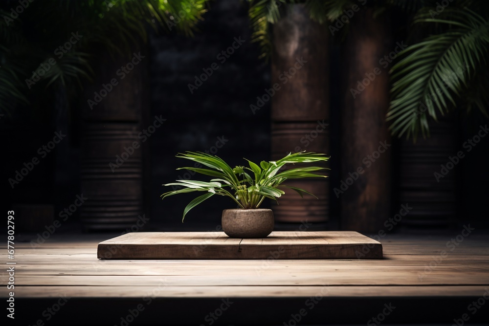 A plant positioned behind a wooden platform, infusing the scene with organic beauty. Created with generative AI tools A plant positioned behind a wooden platform, infusing the scene with organic beauty. Created with generative AI tools