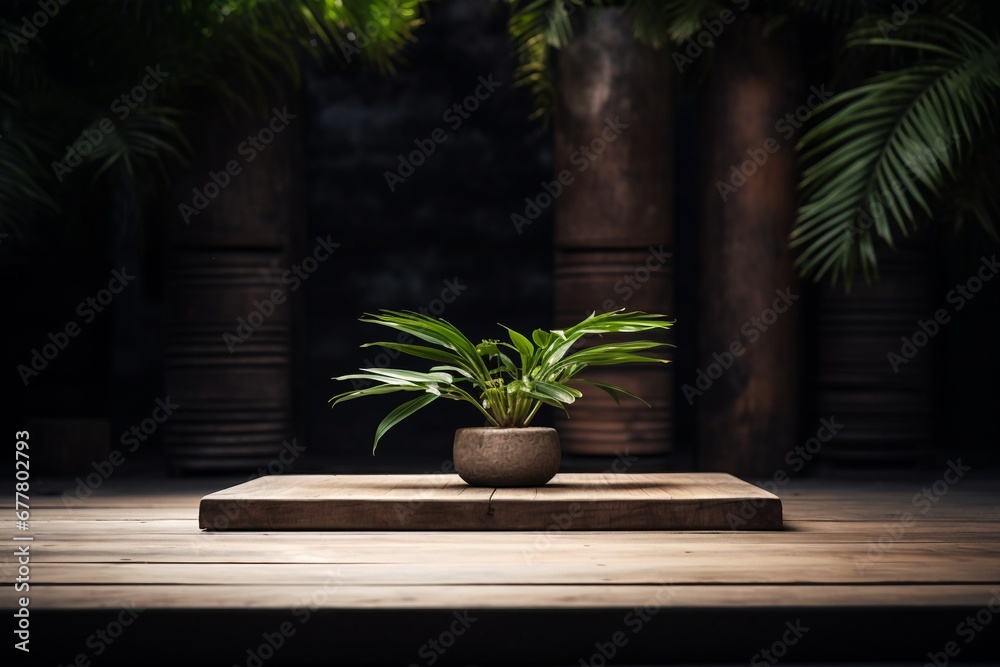 A plant positioned behind a wooden platform, infusing the scene with organic beauty. Created with generative AI tools