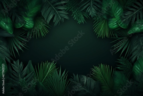 A background adorned with a frame of lush  verdant jungle palm leaves in vibrant green. Created with generative AI tools