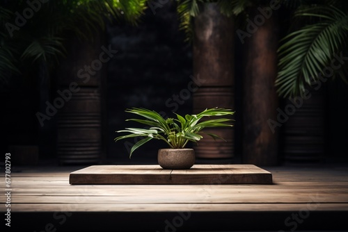 A plant positioned behind a wooden platform, infusing the scene with organic beauty. Created with generative AI tools