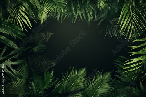 A background adorned with a frame of lush  verdant jungle palm leaves in vibrant green. Created with generative AI tools