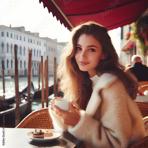 a woman having a coffee in venice with gondolas in the background. Generative AI © Antonio
