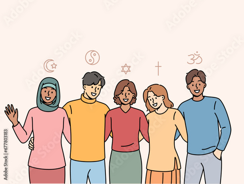 People different religions hug, feeling unity and absence disagreements due to differences faiths. Men and women with various religions smiling posing near signs of islam and christianity or buddhism