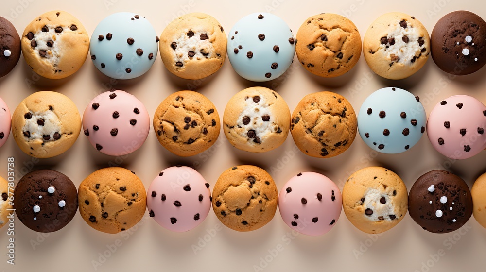  a group of cookies with chocolate chips and sprinkles arranged in a row on top of each other.