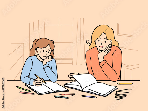 Woman helps teenage daughter do extracurricular work and is upset by child lack knowledge and poor education. Teen girl receives education at home and suffers from need to communicate with classmates