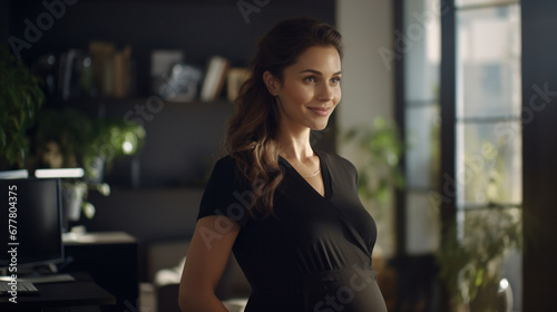 Young pregnant woman business worker touching belly with serious expression at office