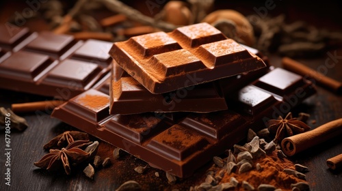 Chocolate & spices on old dark wooden background