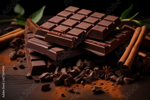 Chocolate & spices on old dark wooden background
