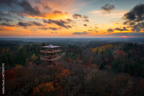 Beautiful landscape of Kashubia in autumn with the observation tower in Wiezyca, Poland