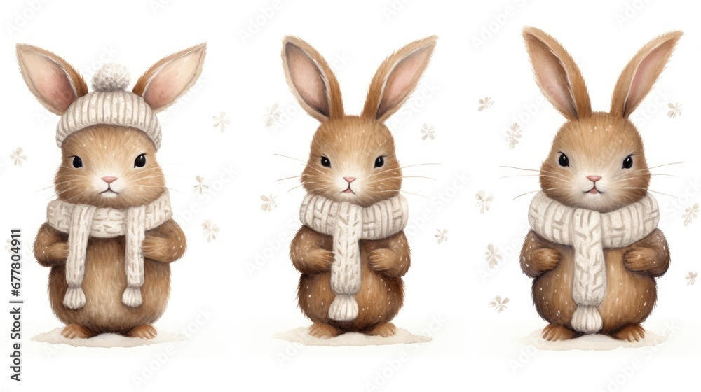 Fototapeta premium three rabbits wearing sweaters and scarfs, one wearing a hat and the other wearing a scarf and scarf.