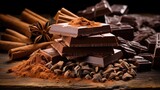 Chocolate & spices on old dark wooden background
