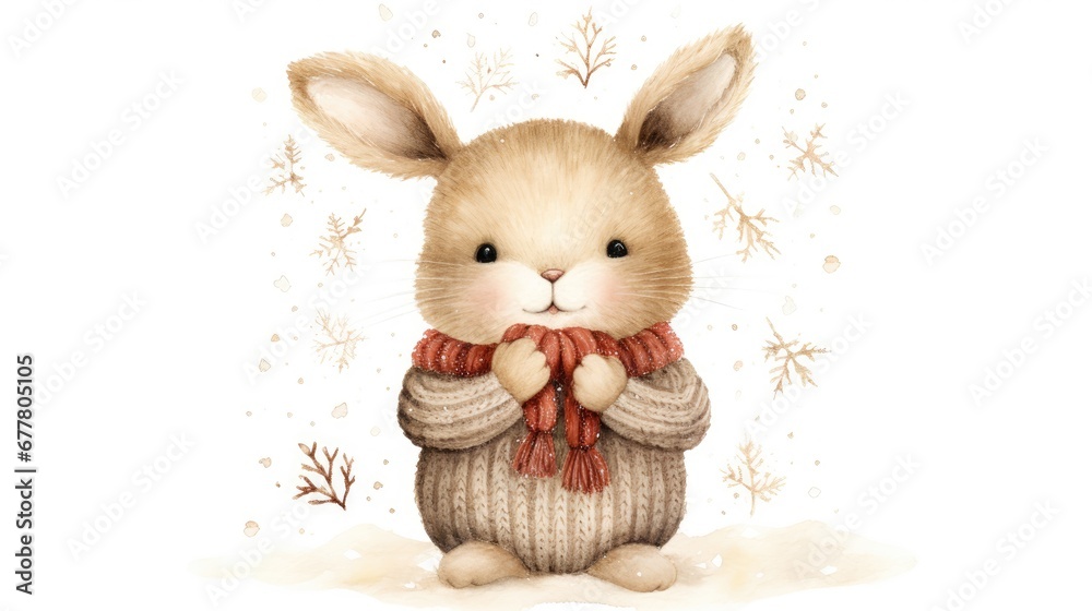 Obraz premium a watercolor painting of a rabbit wearing a sweater and a scarf with snowflakes on the ground in the background.