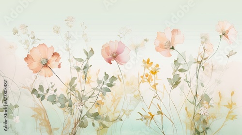  a painting of a bunch of flowers on a green and white background with a blue sky in the back ground. © Olga
