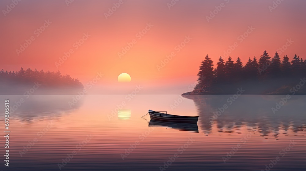  a small boat floating on top of a body of water near a forest covered shore under a red and pink sky.