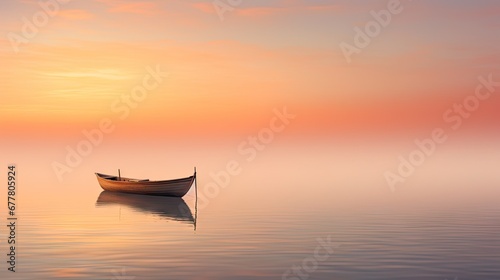  a small boat floating on top of a body of water under a cloudy sky with a sunset in the background.