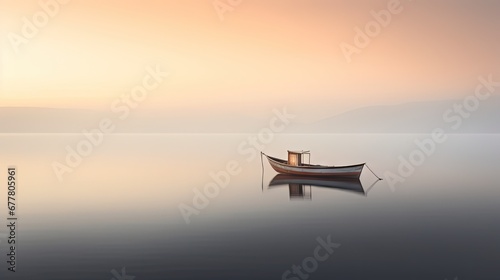  a boat floating on top of a body of water next to a shore with mountains in the background and a foggy sky.