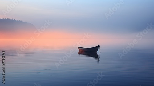  a small boat floating on top of a lake next to a shore covered in fog and low hanging trees in the distance.
