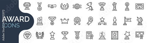 Set of outline icons related to award, badge, trophy, medal. Linear icon collection. Editable stroke. Vector illustration