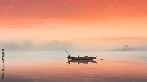  a boat floating on top of a body of water under a pink and orange sky in the middle of the ocean.