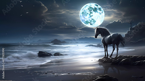 A horse is walking on the beach at night time with a full moon in the background and a rocky cliff