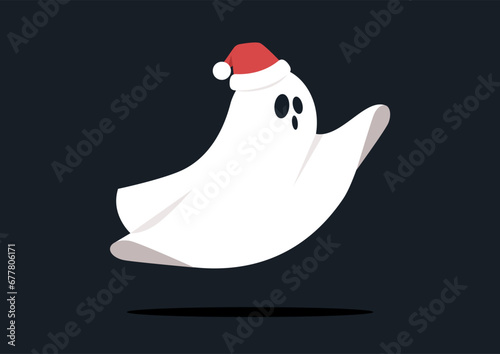 A spooky yet cute Ghost of Christmas Past wearing a Santa hat, a xmas Carol character