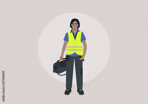 A young character in a repair worker uniform, adorned with a yellow high-visibility vest, lanyard, and polo shirt, carrying a bag of work tools in one hand